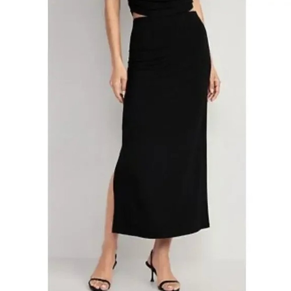 NWT Old Navy Womens Maxi Skirt Medium High Waisted Pull On Slit Black